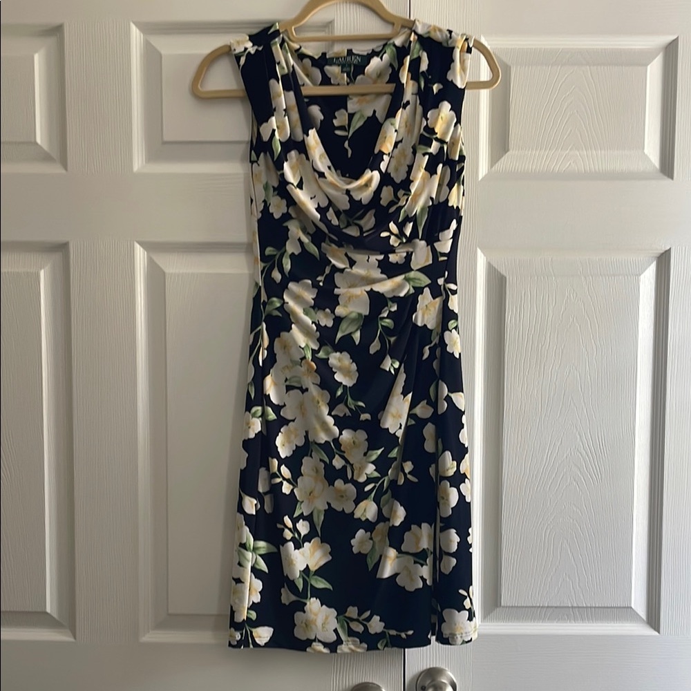 Ralph Lauren Blue Sheath Midi Dress Cowl Neck Sleeveless